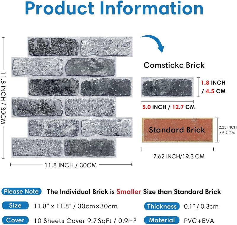 COMSTICKC 3D Gray Brick Wall Panel, Peel and Stick Brick Wall Tiles, 10 Pcs of 12"X12", Small Size Thin PVC Faux Brick Self Adhesive Fake Brick Paneling Brick Backsplash - Image 4